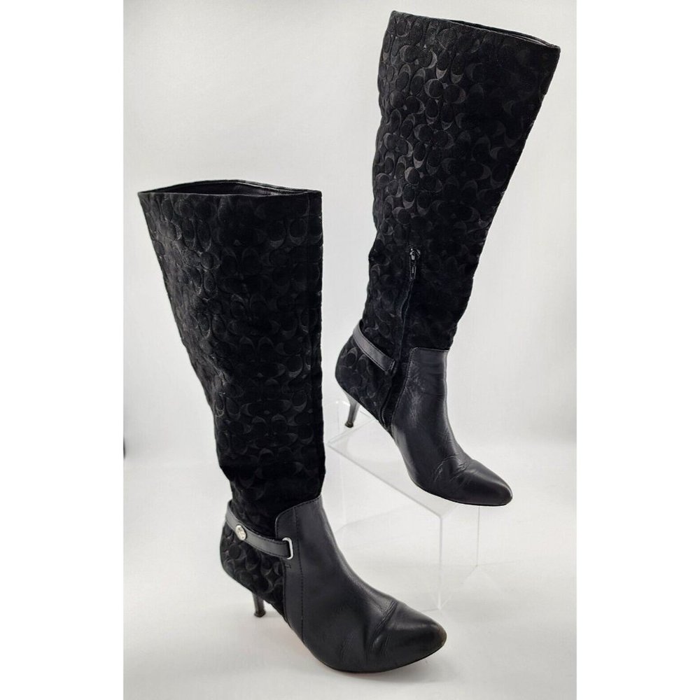 Coach‎ Women's Fara Tall Boots Black Leather Suede Classic Logo Monogram Sz 7.5B